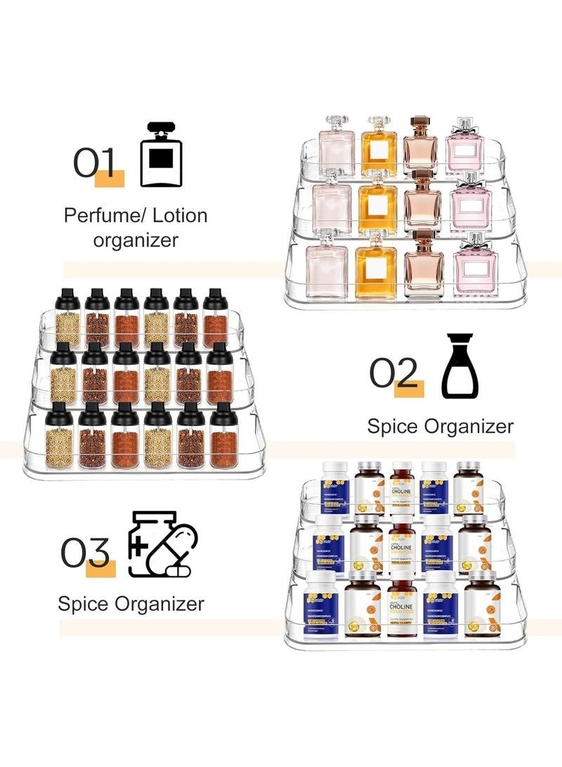 منظم عطور، رف ثلاثي الطبقات - حامل للعطور، والمستحضرات، ومنتجات العناية بالبشرة، والتوابل، والفيتامينات، وزجاجات الأدوية؛ رف متين وشفاف للتخزين في خزائن المطبخ والحمام. - Image 2